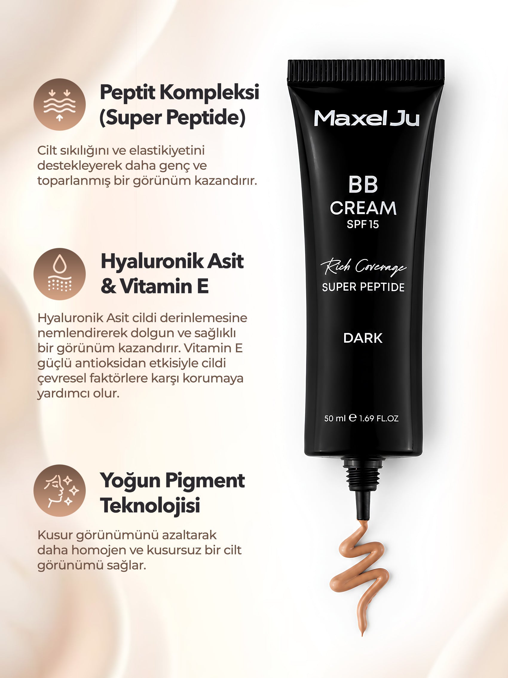 Maxel JU BB Cream Dark - Super Peptide, Hyaluronik Asit ve E Vitamini içerikleri