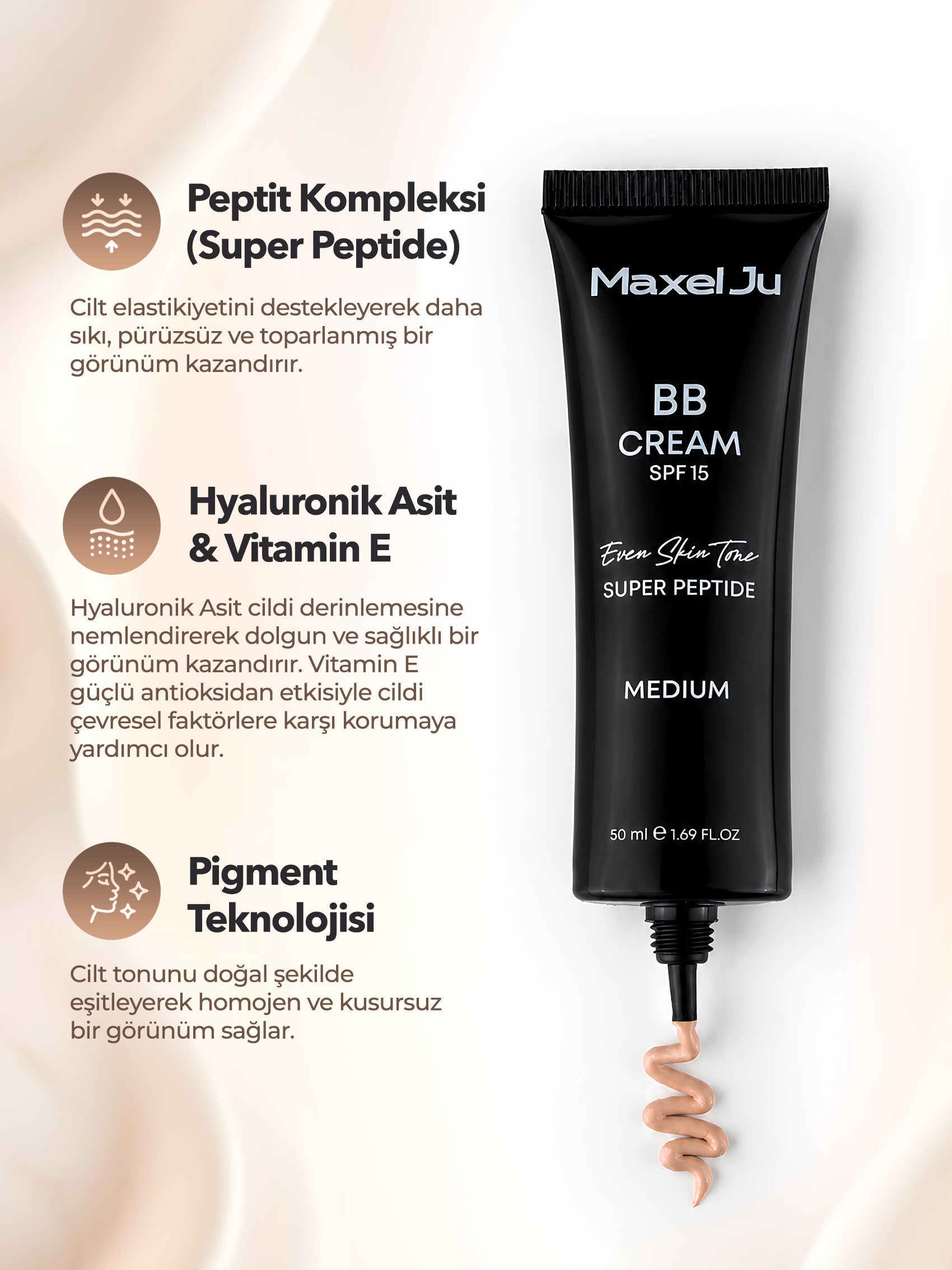 Maxel JU BB Cream Medium - Super Peptide, Hyaluronik Asit ve E Vitamini içerikleri