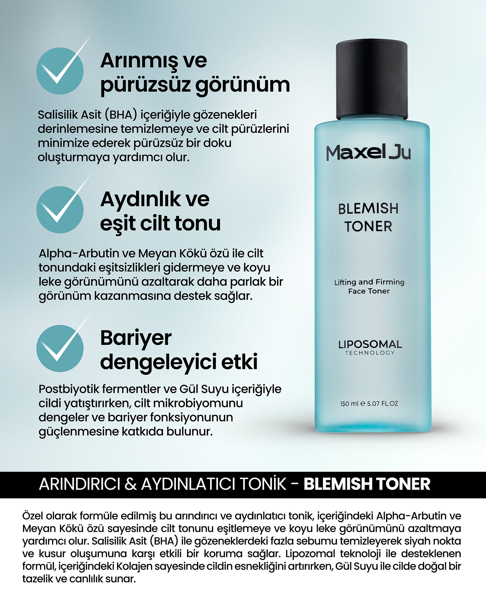 MAXEL JU Blemish Toner (150ML) & Blemish Serum (30ML) Arındırıcı ve Aydınlatıcı 2'li Leke Karşıtı Bakım Seti