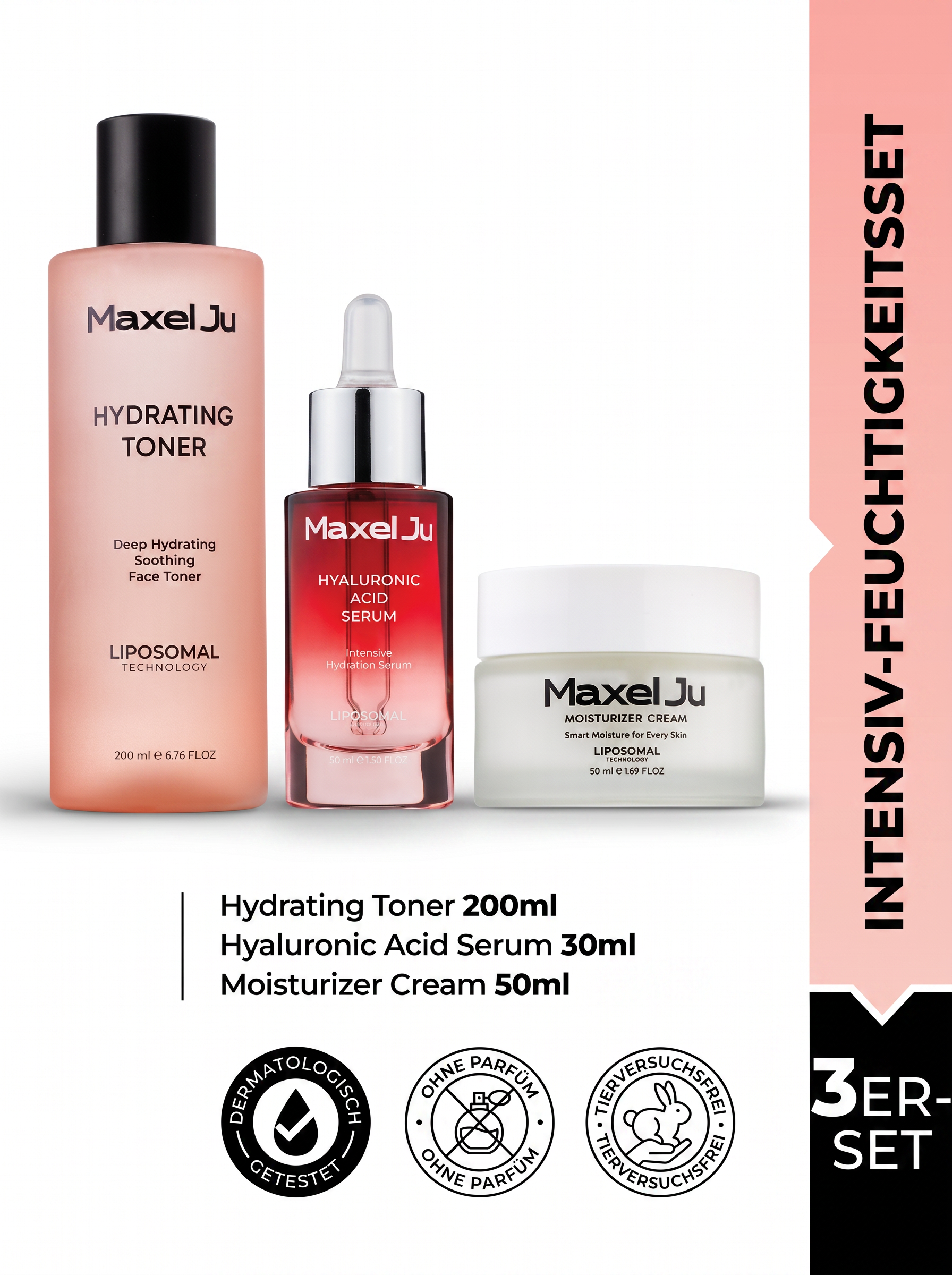 MAXEL JU Hydrating Toner (200 ML) Hyaluronsäure Serum (30 ML) Feuchtigkeitscreme (50 ML) Intensivpflege-Set